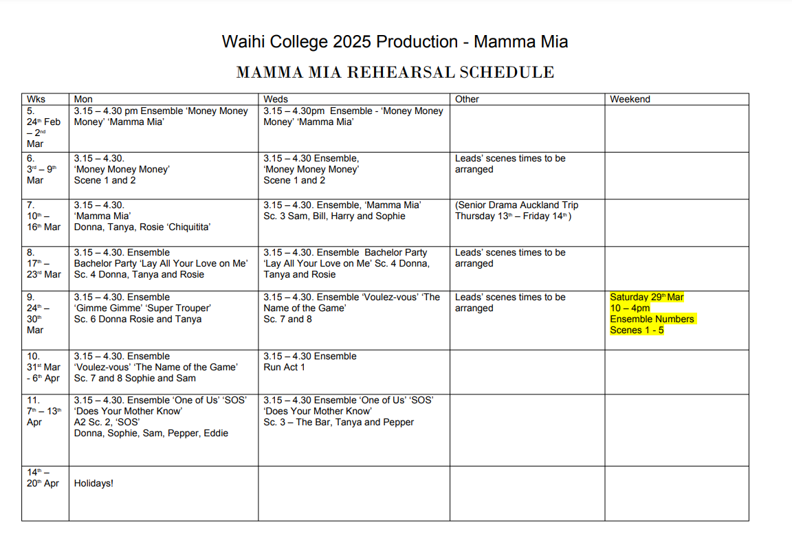 Mamma Mia Rehearsal Schedule