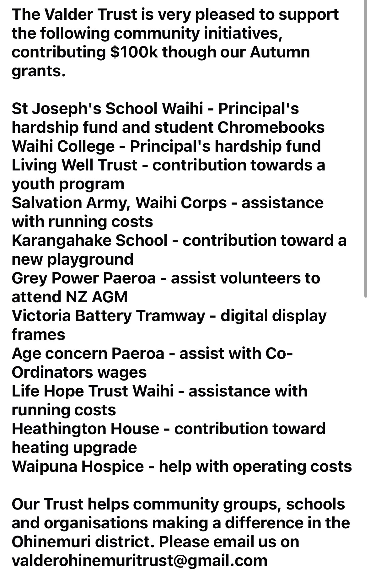 HUGE THANKS TO VALDER TRUST