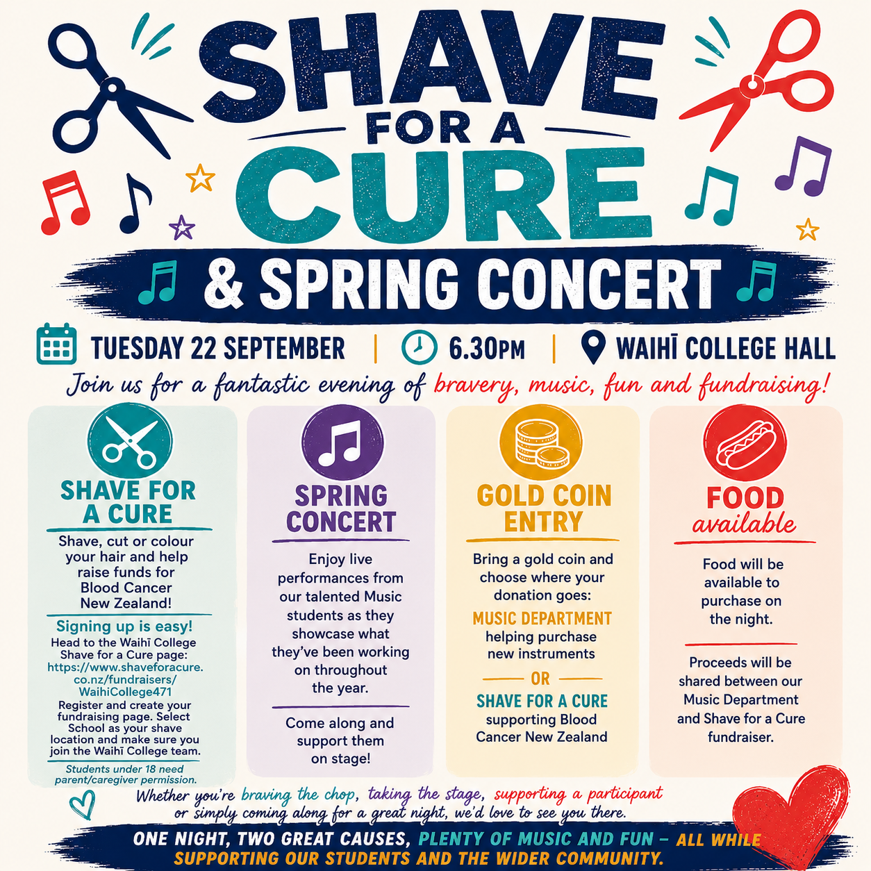 SHAVE FOR A CURE & SPRING CONCERT: Tuesday 22 September | 6.30pm | Waihi College Hall