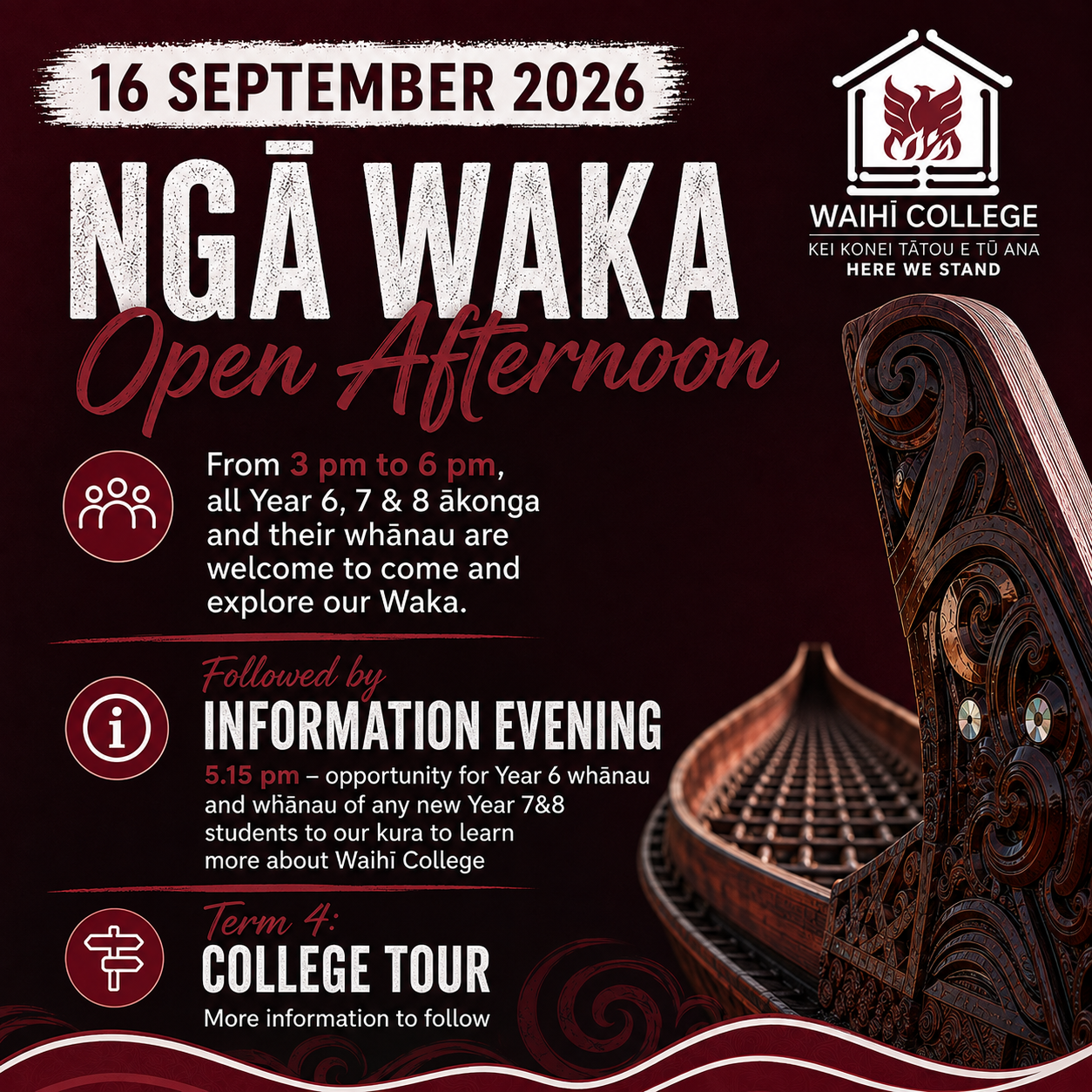 Nga Waka Open Afternoon and Information Evening: 16th September